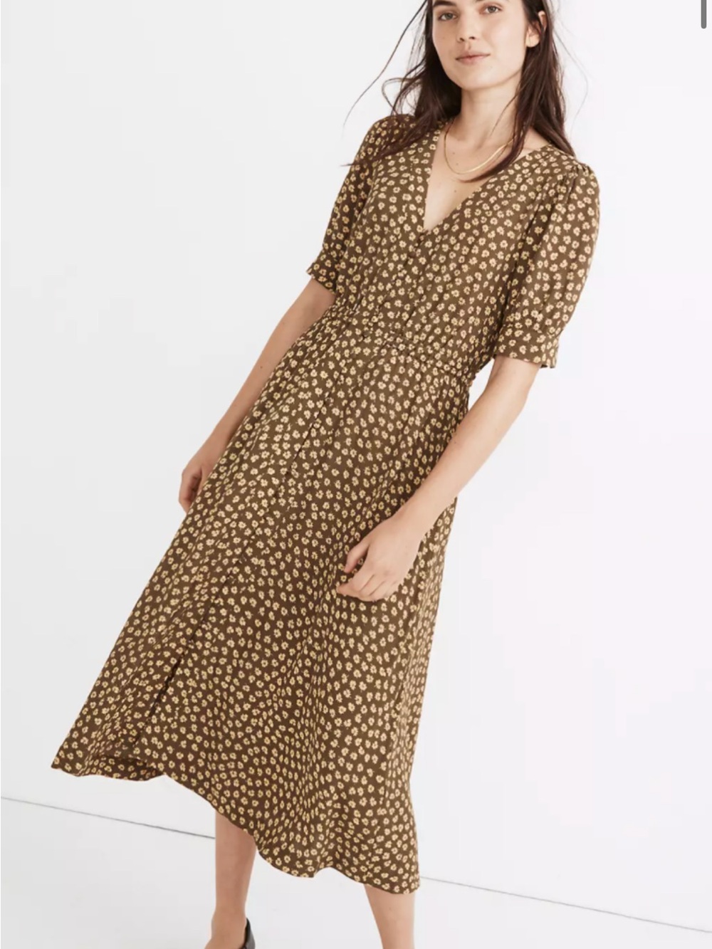 Madewell Brown Floral Woodcut Flowers Button-Cuff V-Neck Midi Dress Small